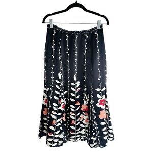 VTG Talbots 100% Pure Silk Floral Midi Skirt Size 6 Black Pink White Botanical